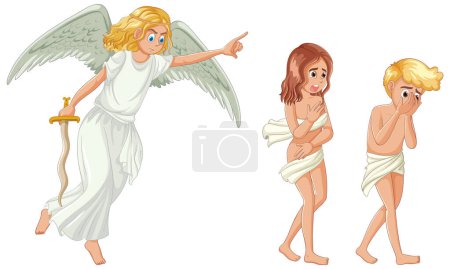 Téléchargez les illustrations : Adam et Eve, personnages de l'histoire biblique, sont bannis du jardin d'Eden par un ange dans cette illustration vectorielle de dessin animé - en licence libre de droit