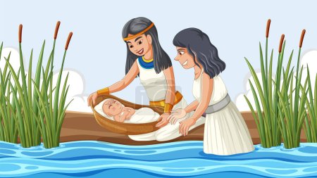 Téléchargez les photos : Illustration de l'histoire biblique où la fille de Pharaon trouve le bébé Moïse dans une corbeille dans la rivière - en image libre de droit