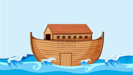 Illustration for A peaceful scene of a wooden boat gracefully floating amidst the ocean waves - Royalty Free Image