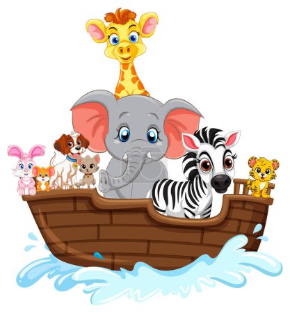 Téléchargez les illustrations : Beaucoup d'animaux sauvages assis dans un bateau en bois sur l'eau - en licence libre de droit