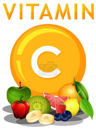 Ilustración de Una colorida ilustración vectorial que muestra frutas y verduras ricas en vitamina C - Imagen libre de derechos