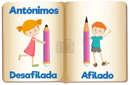 Ilustración de Imagen de antónimos educativos de estilo caricaturesco que representa los conceptos de contundente y agudo en español - Imagen libre de derechos
