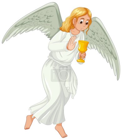 Illustration for An angel with wings flies while holding glasses in a vector cartoon style - Royalty Free Image