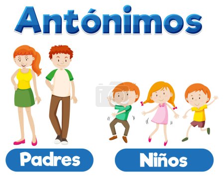 Illustration for Colorful vector illustration of antonyms in Spanish for parents and children - Royalty Free Image