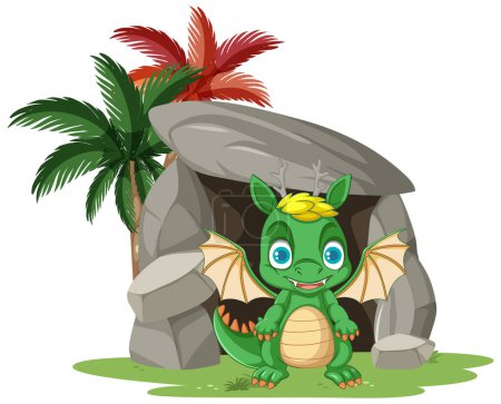 Téléchargez les illustrations : Une illustration de dessin animé d'un joli bébé dragon debout devant une grotte - en licence libre de droit