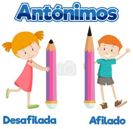 Ilustración de Tarjeta de palabras en español que ilustra los antónimos contundente y agudo - Imagen libre de derechos