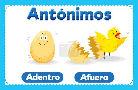 Illustration for Vector cartoon illustration of antonyms 'Adentro' and 'Afuera' in Spanish means inside and outside - Royalty Free Image