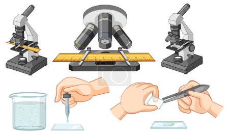 Illustration for Vector cartoon illustration of a science experiment with microscope and sample analysis - Royalty Free Image