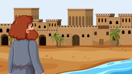 Illustration for Jonah's journey from the big fish to Nineveh city - Royalty Free Image