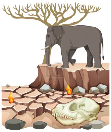 Illustration for Illustration of a barren land with an elephant and a skull - Royalty Free Image
