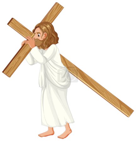 Téléchargez les illustrations : Illustration vectorielle de Jésus marchant sur des pieds d'ours portant une croix en bois - en licence libre de droit