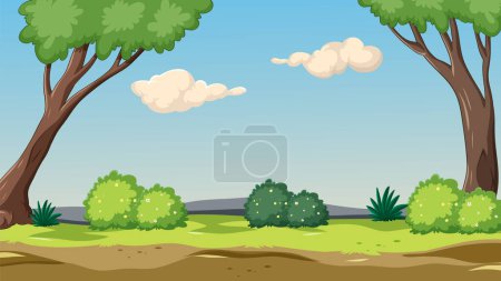 Ilustración de Una tranquila escena al aire libre con un árbol y un arbusto en un entorno natural - Imagen libre de derechos