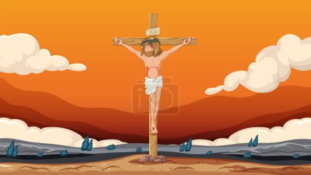 Téléchargez les illustrations : Illustration de la crucifixion de Jésus sur une croix de bois dans un art vectoriel semblable à un dessin animé - en licence libre de droit