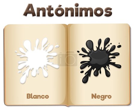 Illustration for Vector cartoon illustration of antonym word card in Spanish means white and black - Royalty Free Image