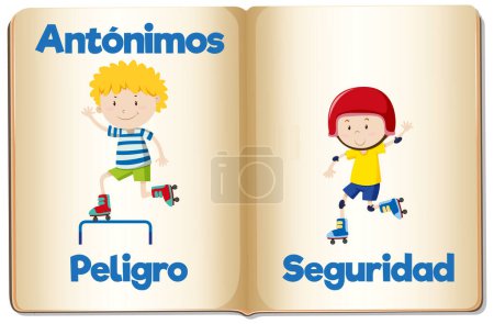 Téléchargez les illustrations : Cartes de mots illustrées en espagnol pour l'enseignement des antonymes - en licence libre de droit