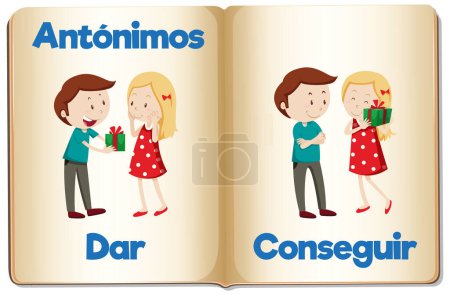 Ilustración de Tarjetas de palabras ilustradas que muestran antónimos para la educación en español - Imagen libre de derechos