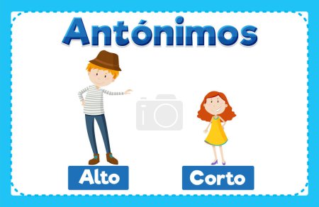 Téléchargez les illustrations : Une illustration vectorielle de dessins animés d'antonymes en espagnol signifie grand et court - en licence libre de droit