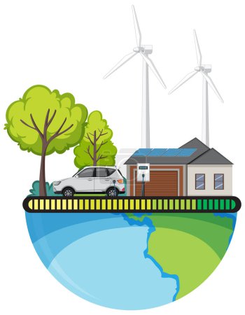 Illustration for Illustration of Earth with renewable energy sources and electric car charging - Royalty Free Image