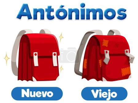 Illustration for A vector cartoon illustration of an antonym word card in Spanish for 'Nuevo' and 'Viejo' - Royalty Free Image