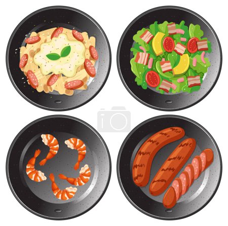 Illustration for A mouthwatering assortment of Western dishes including pasta, prawn, salad, and sausage - Royalty Free Image