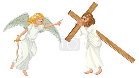 Illustration for Vector cartoon illustration of Jesus carrying a cross with an angel flying beside him, holding a sword - Royalty Free Image