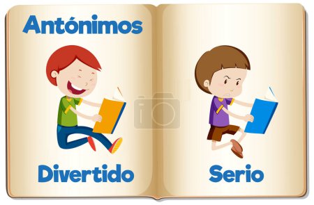 Illustration for A vector cartoon illustration depicting the antonyms 'Divertido' (Funny) and 'Serio' (Serious) in Spanish Language for educational purposes - Royalty Free Image