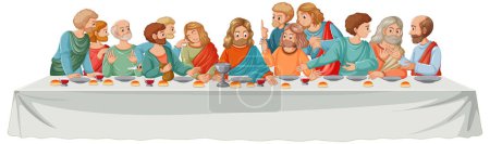 Téléchargez les illustrations : Une scène animée représentant le dernier repas de Jésus-Christ avec beaucoup de gens réunis autour d'une table à manger - en licence libre de droit