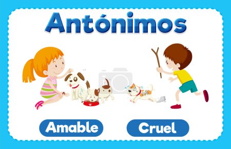 Illustration for Illustrated word cards in Spanish for teaching antonyms Kind and Cruel - Royalty Free Image