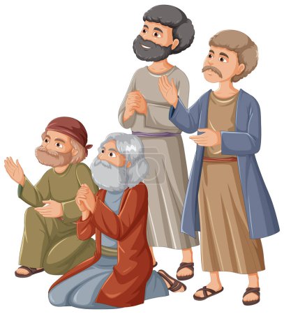 Ilustración de Ilustración de personajes de dibujos animados ancianos sentados, rezando y esperando - Imagen libre de derechos