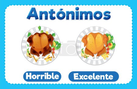 Illustration for Illustrated word cards in Spanish for learning antonyms Horrible and Excellent - Royalty Free Image