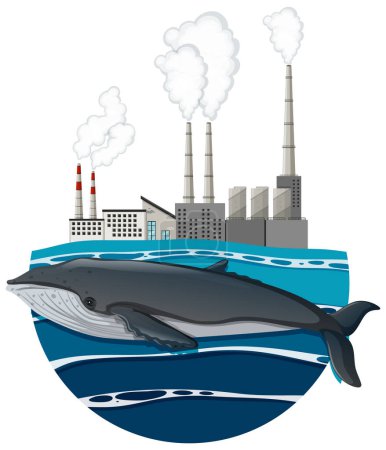 Téléchargez les illustrations : Illustration d'une baleine triste entourée de pollution dans la mer - en licence libre de droit