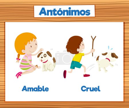 Illustration for A vector cartoon illustration depicting the antonyms 'Amable' and 'Cruel' in Spanish language education - Royalty Free Image