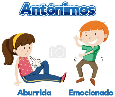 Illustration for Illustrated card in Spanish depicting the antonyms 'aburrida' (bored) and 'emocionado' (excited) - Royalty Free Image