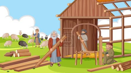 Illustration for Noah and villagers engage in various activities while constructing the ark - Royalty Free Image