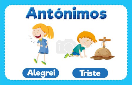 Illustration for Illustrated picture word card in Spanish language for education Happy and Sad - Royalty Free Image