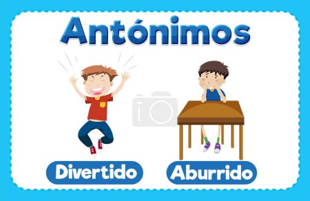 Illustration for Illustrated cards in Spanish for learning antonyms, featuring fun and boredom - Royalty Free Image