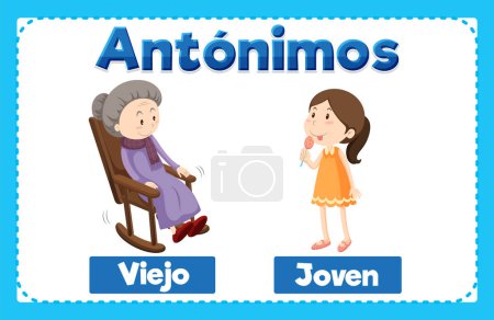Illustration for A vector cartoon illustration of antonyms in Spanish means old and young - Royalty Free Image