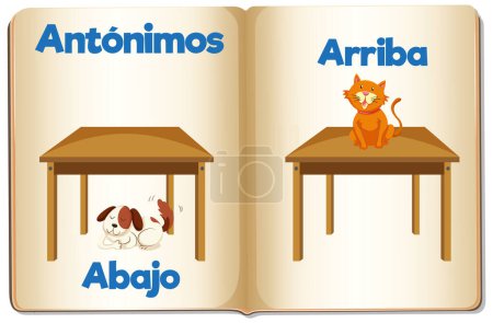 Illustration for Illustrated card in Spanish depicting antonyms 'arriba' and 'abajo' for educational purposes Above and Below - Royalty Free Image