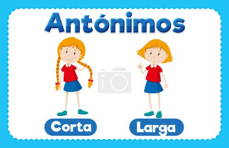Illustration for Illustrated picture word cards in Spanish for learning short and long - Royalty Free Image