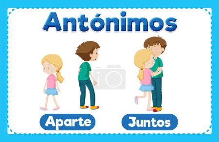 Illustration for A vector cartoon illustration of antonym word cards in Spanish means apart and together - Royalty Free Image