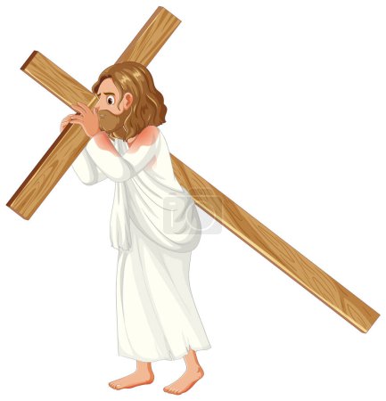 Illustration for A vector cartoon illustration of Jesus walking barefoot with a wooden cross - Royalty Free Image