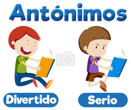 Illustration for A vector cartoon illustration of antonyms in Spanish language means funny and serious - Royalty Free Image