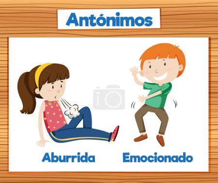 Illustration for Illustrated picture card in Spanish depicting the antonyms 'aburrida' (bored) and 'emocionado' (excited) for educational purposes - Royalty Free Image