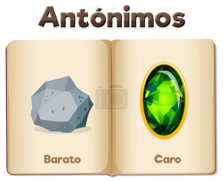 Téléchargez les illustrations : Carte de mots illustrée en espagnol avec antonymes Barato et Caro signifie bon marché et cher - en licence libre de droit