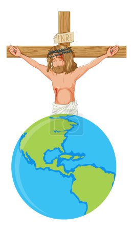 Téléchargez les illustrations : Illustration de Jésus-Christ cloué sur une croix tenant une sphère représentant la Terre - en licence libre de droit