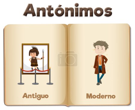 Illustration for Illustration of Antiguo and Moderno, the Spanish words for Ancient and Modern, in an educational context - Royalty Free Image