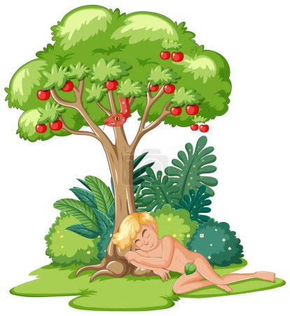 Téléchargez les illustrations : Illustration de l'histoire biblique d'Adam et Eve avec un serpent, un pommier et Adam endormi - en licence libre de droit