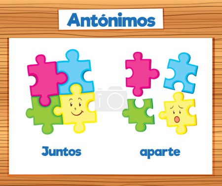 Illustration for Illustrated picture word card in Spanish for education antonyms - Royalty Free Image