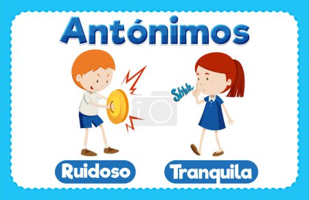 Téléchargez les illustrations : Carte illustrée présentant des antonymes en espagnol : Loud and Quiet - en licence libre de droit