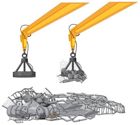 Téléchargez les illustrations : Une grue de style dessin animé attendant de recycler la ferraille d'acier - en licence libre de droit